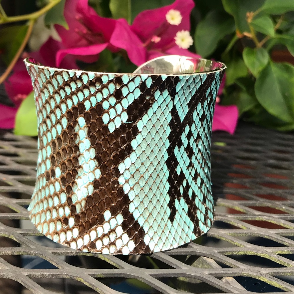 Blue Snakeskin Stainless Steel Wide Cuff Bracelet - Picture 5 of 5